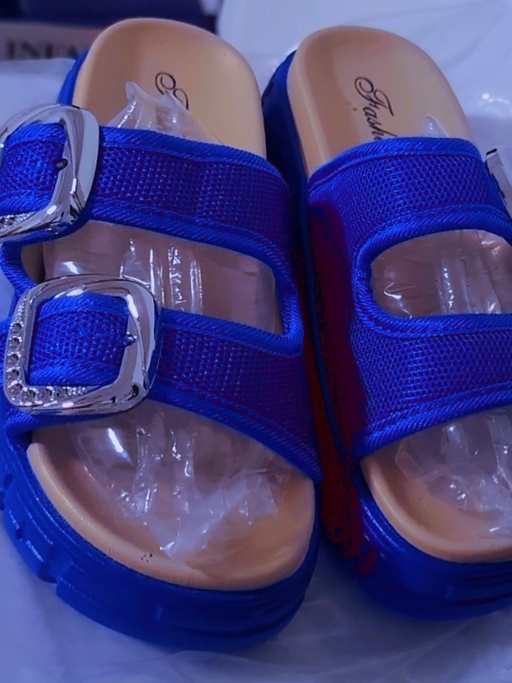 -Brand Royal Blue Slide Sandals with Double Buckles